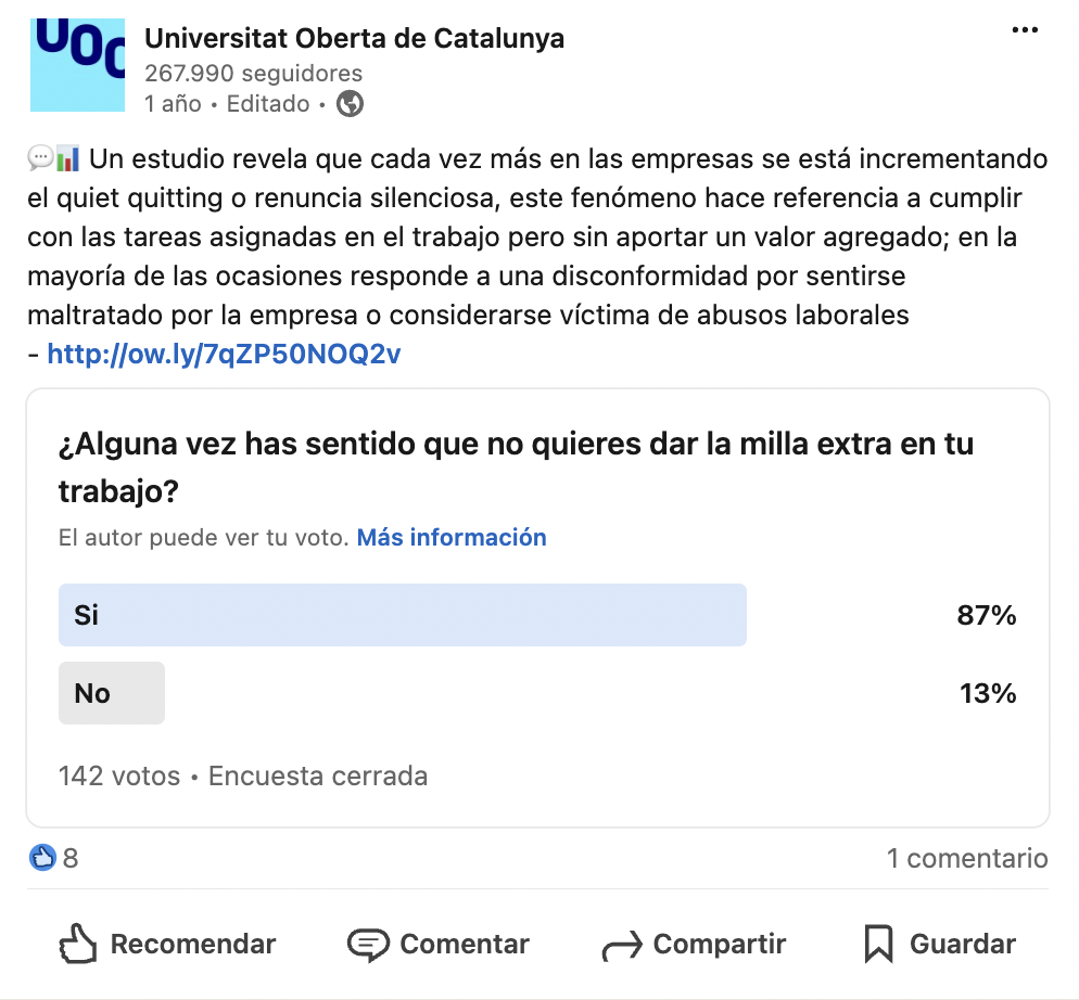 Encuesta sobre renuncia silenciosa de Linkedin de la UOC